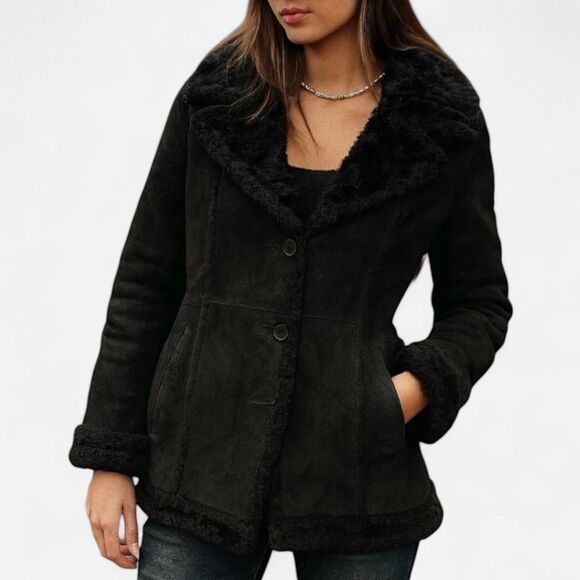 Vintage Steve Madden Leather Coat Small Black Fur Lined Y2K Suede Jacket - Picture 2 of 16